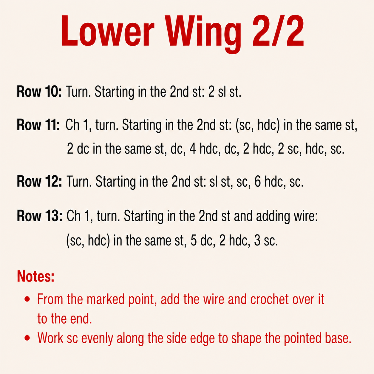 Micro crochet rose butterfly pattern lower wing rows 10 to 13 with wire note