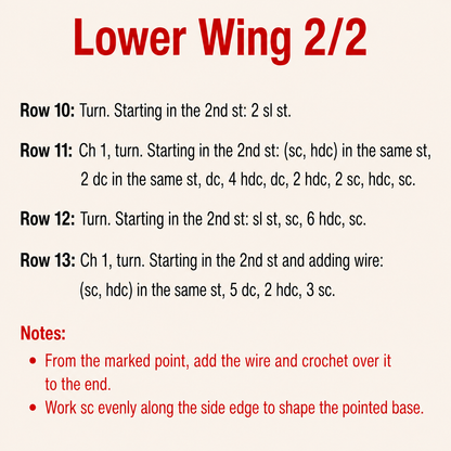 Micro crochet rose butterfly pattern lower wing rows 10 to 13 with wire note