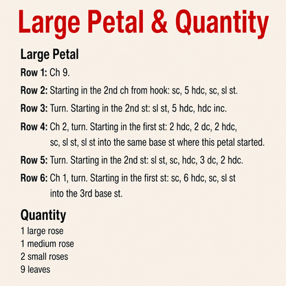 Micro crochet rose large petal pattern and quantity guide