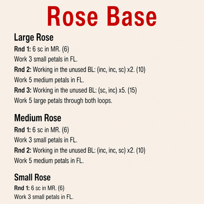 Micro crochet rose base pattern for large medium and small roses
