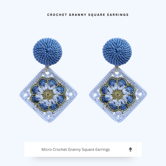 Handmade micro crochet granny square earrings in blue and white, boho vintage lightweight jewelry.