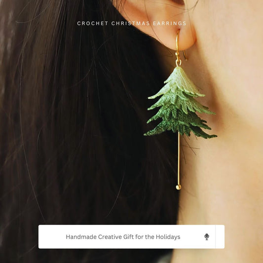 Model wearing long-style micro crochet Christmas tree earrings, handmade holiday jewelry.