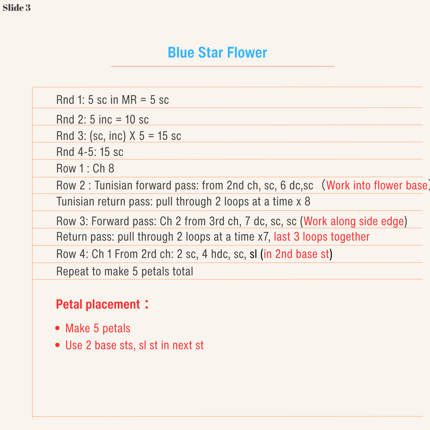 Blue Star Flower petal instructions for a micro crochet pattern with Tunisian crochet shaping notes.