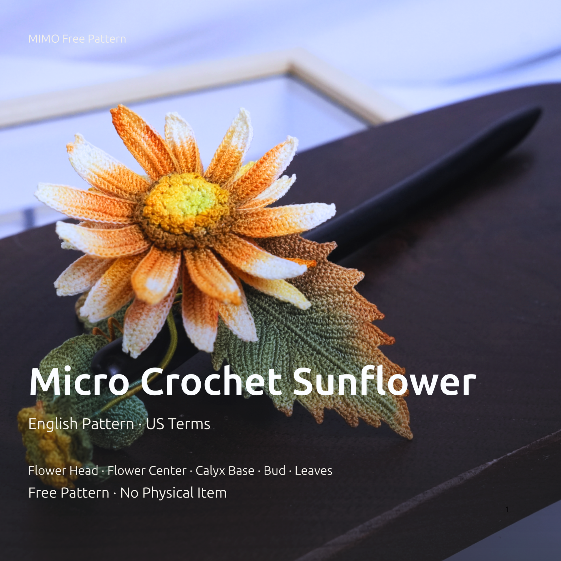Free micro crochet sunflower image guide cover with finished tiny sunflower preview