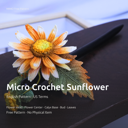 Free micro crochet sunflower image guide cover with finished tiny sunflower preview