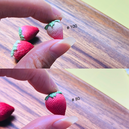 Finished micro crochet comparison showing size 80 and size 100 thread results