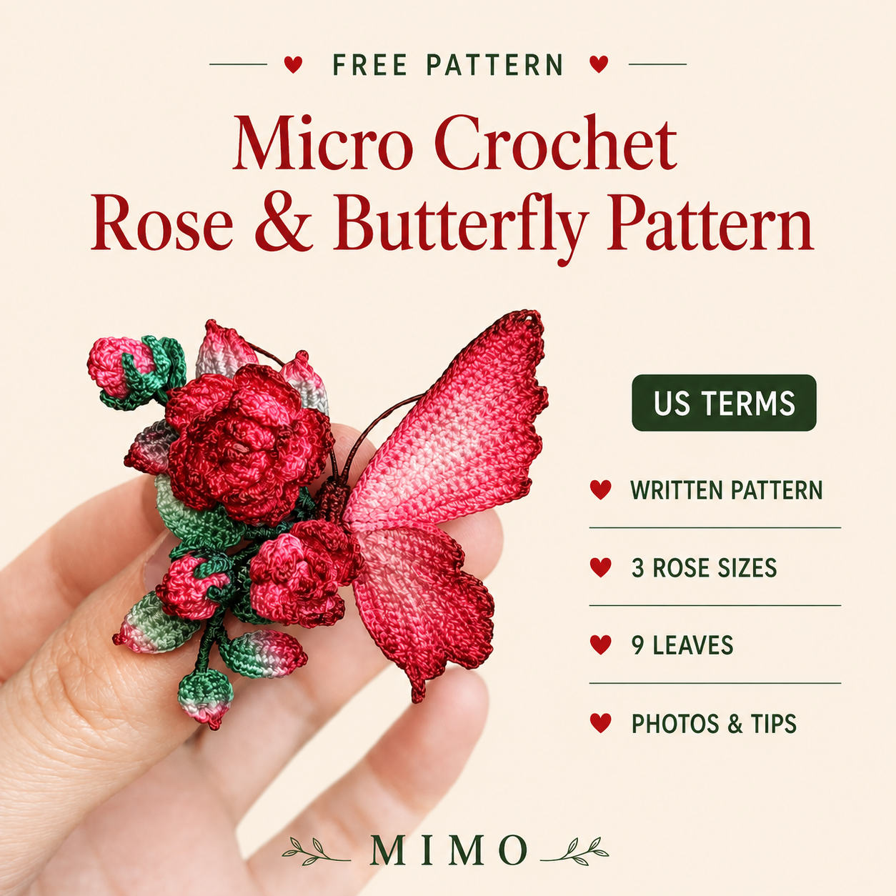 Free micro crochet rose and butterfly pattern with image tutorial by MIMO