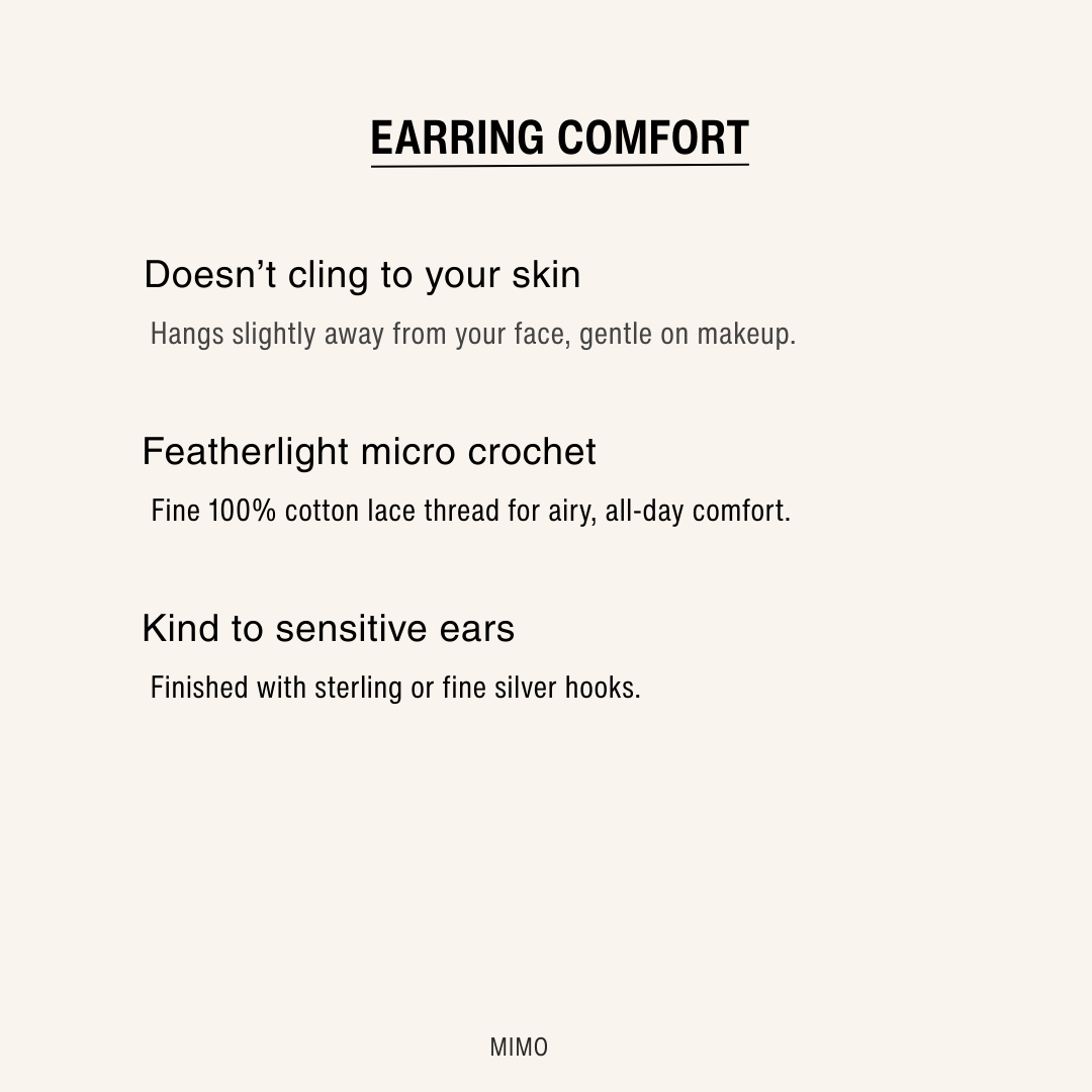 earring comfort guide showing three benefits: doesn’t cling to your skin, featherlight micro crochet, and kind to sensitive ears by MIMO