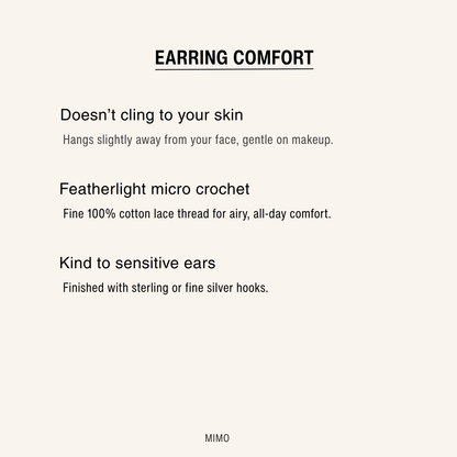 earring comfort guide showing three benefits: doesn’t cling to your skin, featherlight micro crochet, and kind to sensitive ears by MIMO