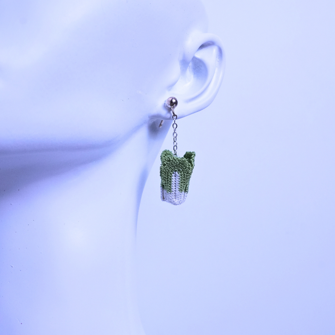 Crochet cabbage earring worn on ear, micro crochet vegetable earrings for veggie lovers