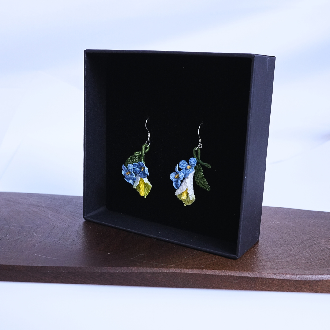 Micro crochet floral earrings presented in gift box, handmade earrings gift