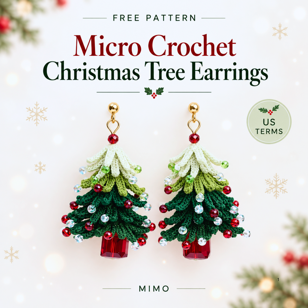 Free micro crochet Christmas tree earrings pattern with layered green trees and red and clear beads