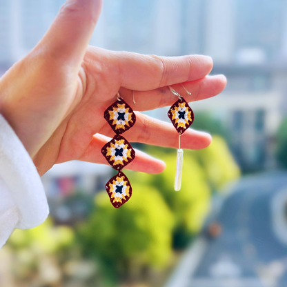 Asymmetrical granny square crochet earrings with pearl drop, hand crocheted cotton and silver hooks