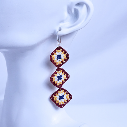 Triple granny square crochet earring worn on ear, asymmetrical handmade crochet jewelry