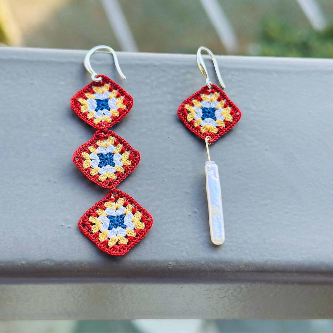 Handmade asymmetrical crochet earrings with granny square motif and pearl drop