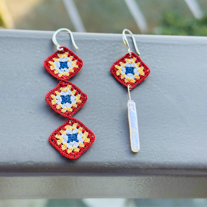 Handmade asymmetrical crochet earrings with granny square motif and pearl drop