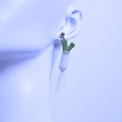 Micro crochet scallion earring worn on ear, lightweight veggie earrings for everyday wear