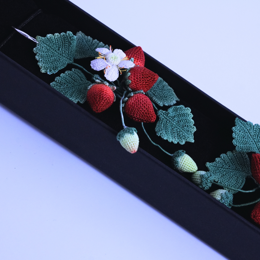 Long micro crochet strawberry earrings presented in gift box, handmade strawberry gift for her