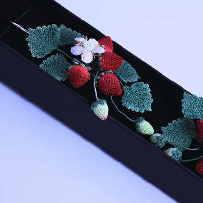 Long micro crochet strawberry earrings presented in gift box, handmade strawberry gift for her