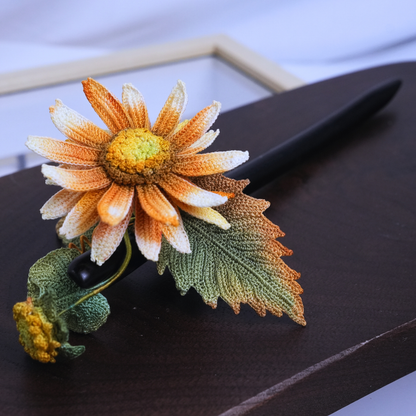 micro crochet sunflower flower detail on handmade hair stick