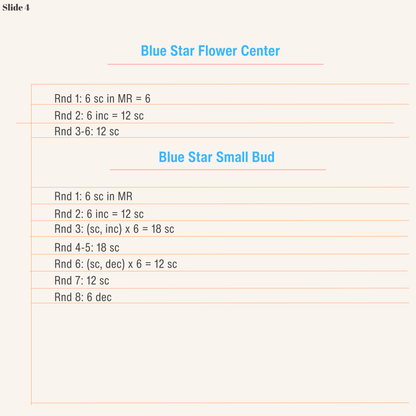 Crochet instructions for the Blue Star Flower center and small bud in a micro crochet pattern