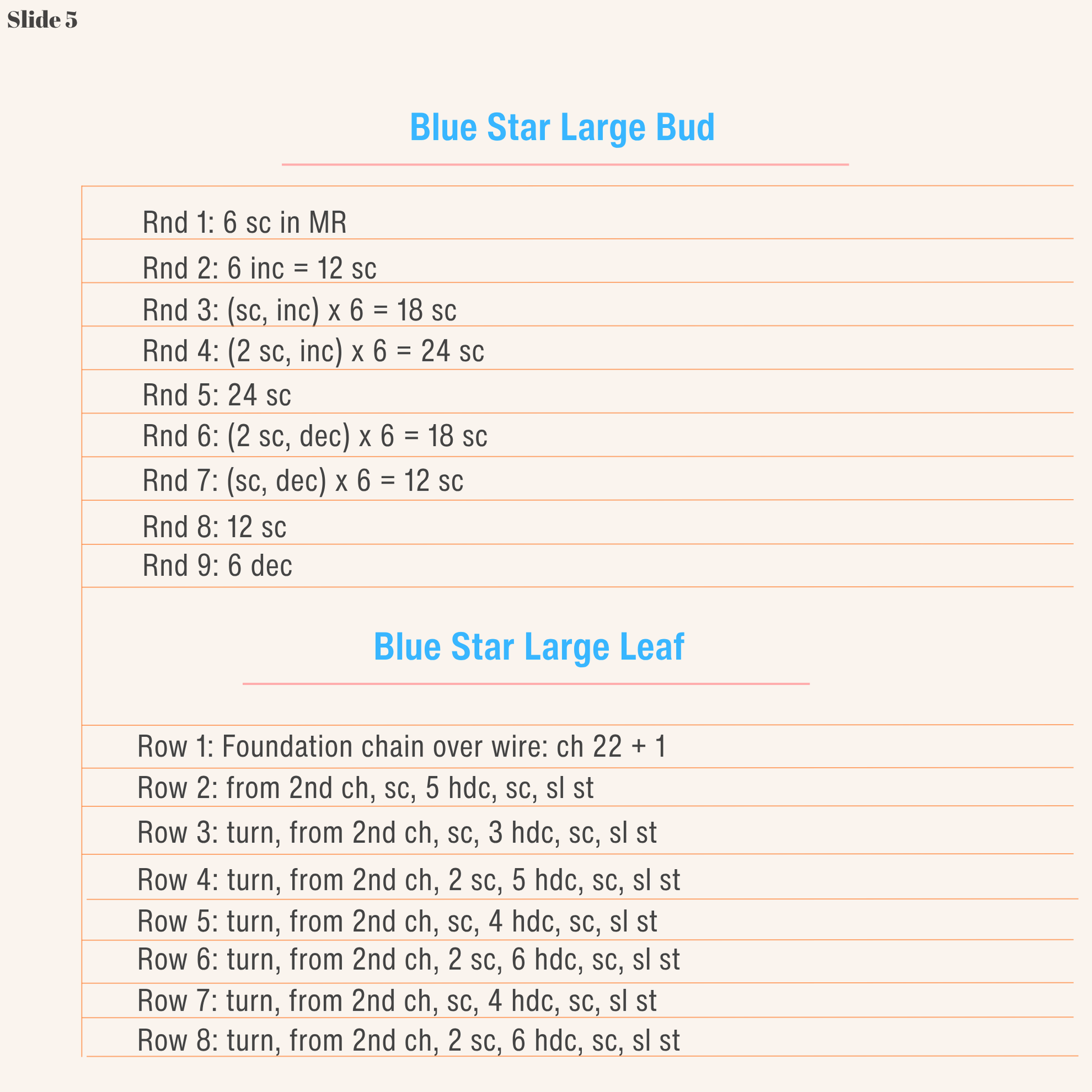 Crochet instructions for the Blue Star Flower large bud and large leaf in a micro crochet pattern.
