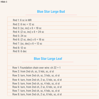 Crochet instructions for the Blue Star Flower large bud and large leaf in a micro crochet pattern.