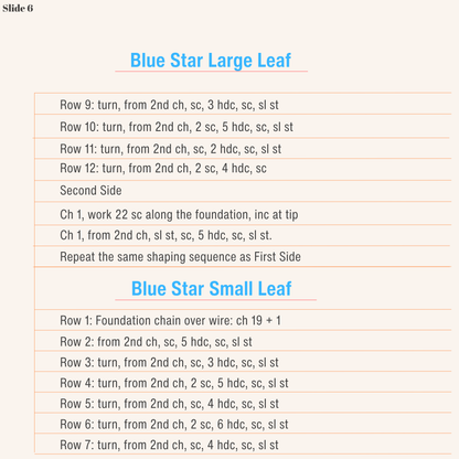 Continued leaf instructions for the micro crochet Blue Star Flower pattern, including large and small leaves