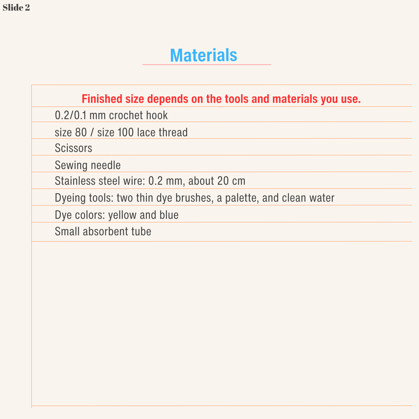 Materials list for a micro crochet Blue Star Flower pattern using lace thread and a 0.2 mm or 0.1 mm hook.