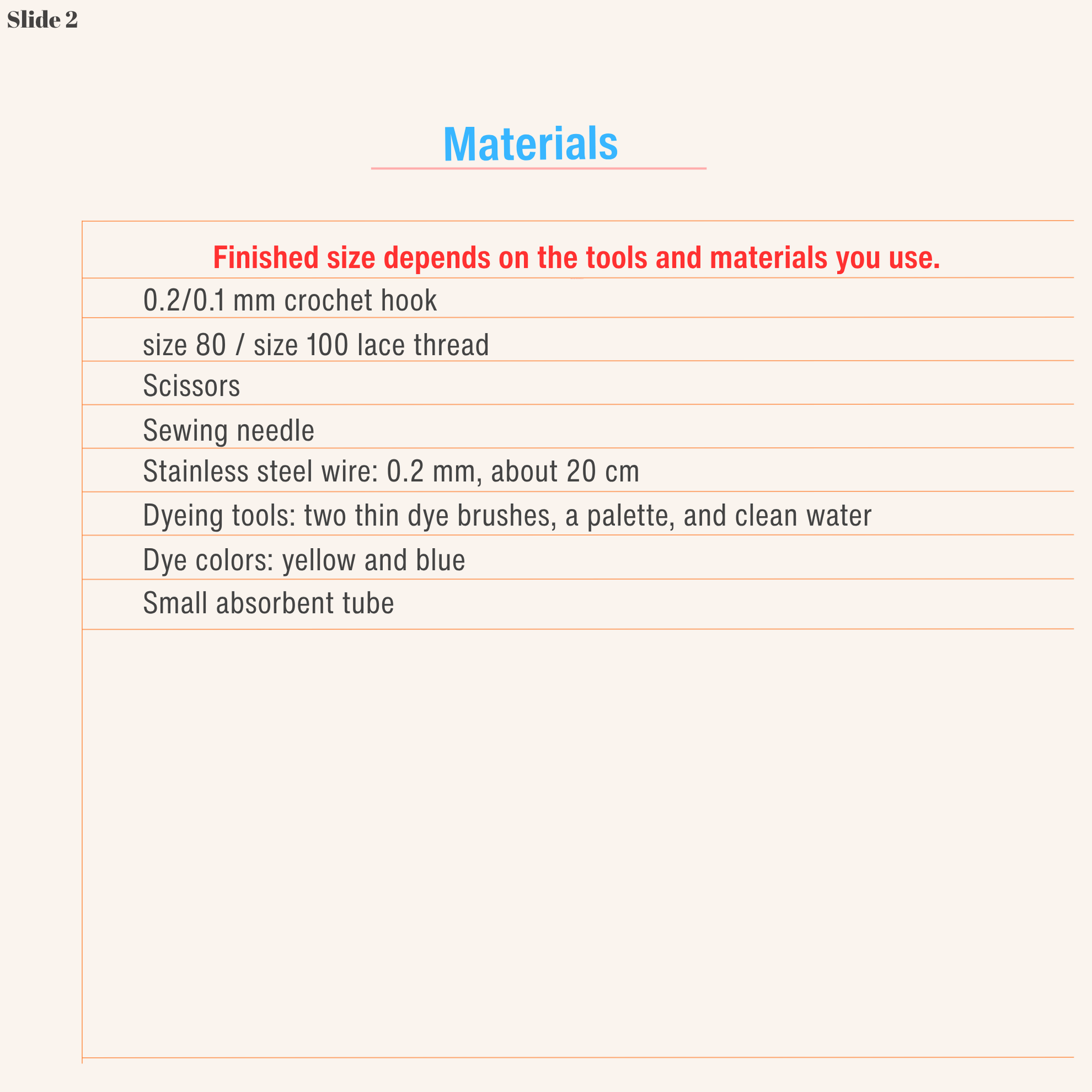 Materials list for a micro crochet Blue Star Flower pattern using lace thread and a 0.2 mm or 0.1 mm hook.