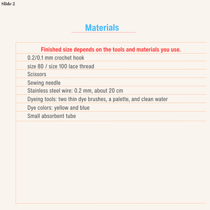 Materials list for a micro crochet Blue Star Flower pattern using lace thread and a 0.2 mm or 0.1 mm hook.