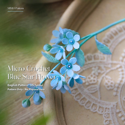 Micro crochet Blue Star Flower pattern cover with finished tiny blue flowers, buds, and leaves.