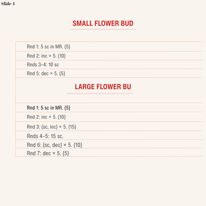 Crochet instructions for small and large plum blossom flower buds in the free earrings pattern