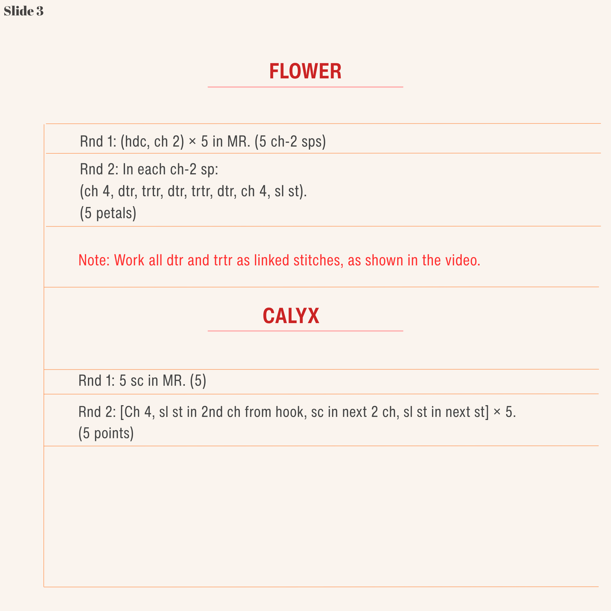 US crochet instructions for the plum blossom flower and calyx in the free micro crochet earrings pattern
