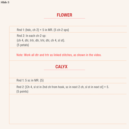 US crochet instructions for the plum blossom flower and calyx in the free micro crochet earrings pattern