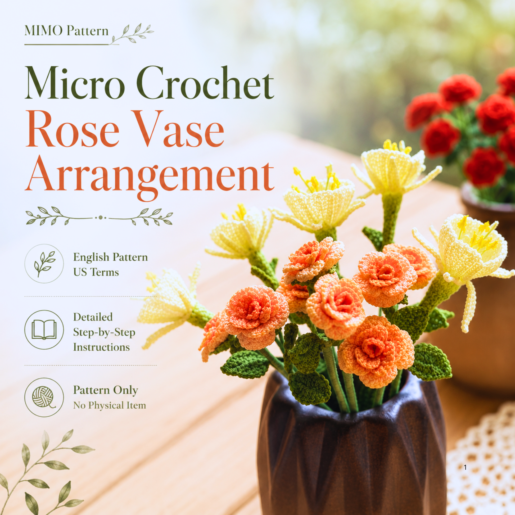 Micro crochet rose arrangement pattern cover with orange roses and yellow flowers in a vase