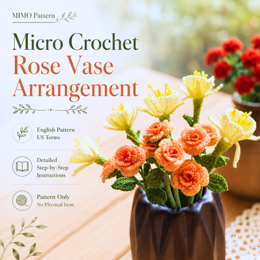 Micro crochet rose arrangement pattern cover with orange roses and yellow flowers in a vase