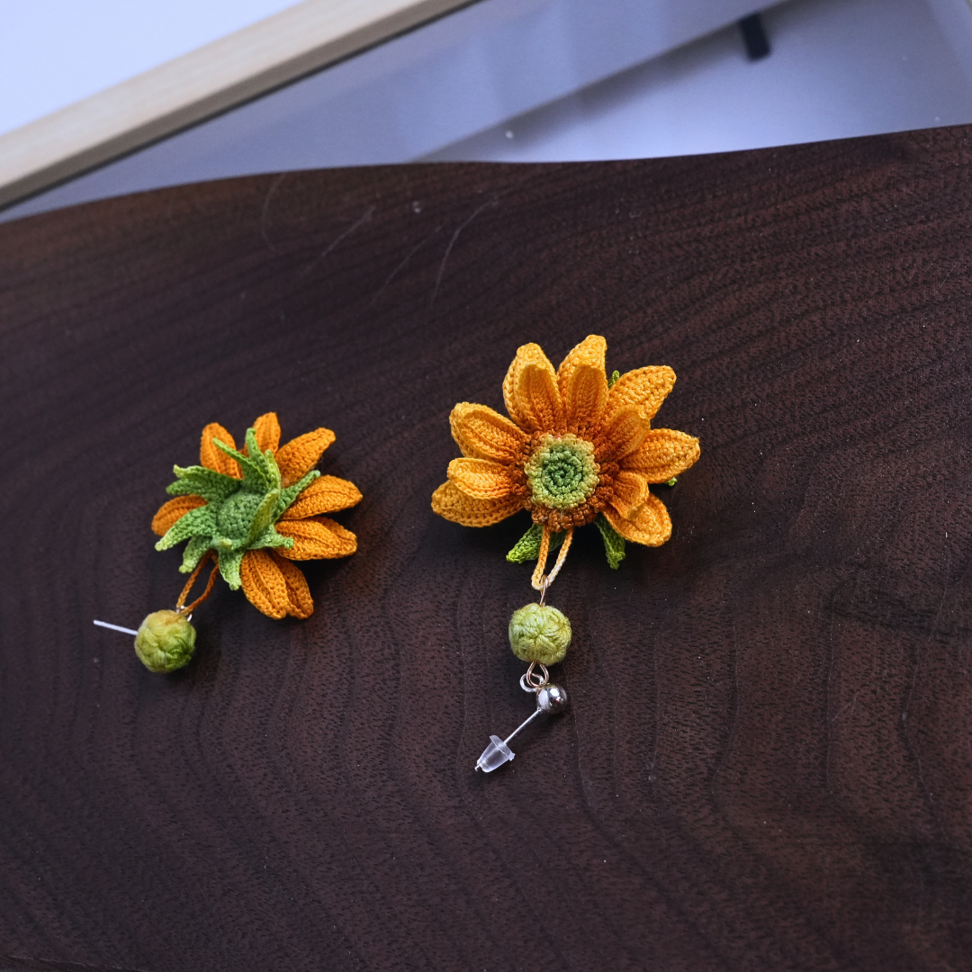 handmade micro crochet sunflower earring detail