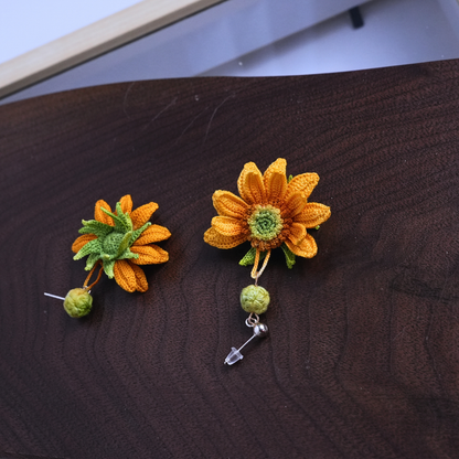 handmade micro crochet sunflower earring detail