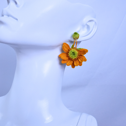 micro crochet sunflower earrings worn on ear