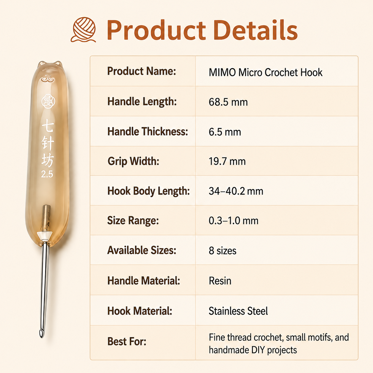 MIMO resin crochet hook size guide for selected 0.3–1.0 mm fine thread crochet sizes