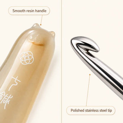 Smooth resin crochet hook handle with hand-polished stainless steel tip