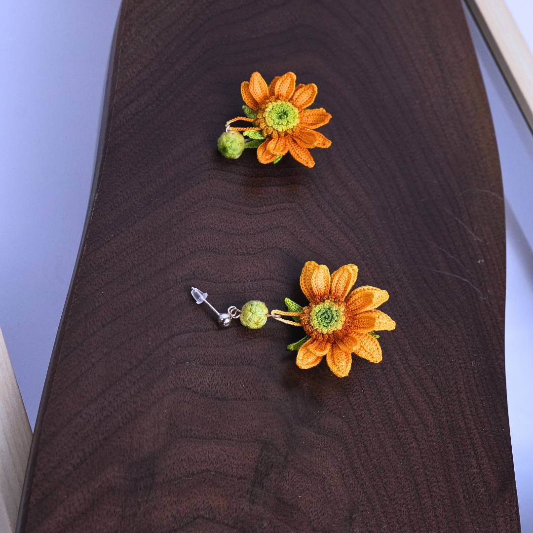 pair of handmade sunflower micro crochet earrings