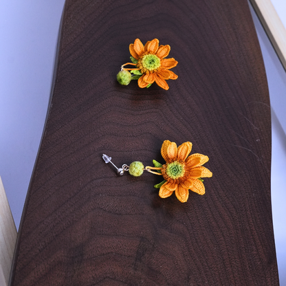 pair of handmade sunflower micro crochet earrings